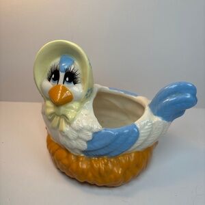 Vintage Mother Hen Chicken w Bonnet On Basket Nest Porcelain Planter 5.5” Long